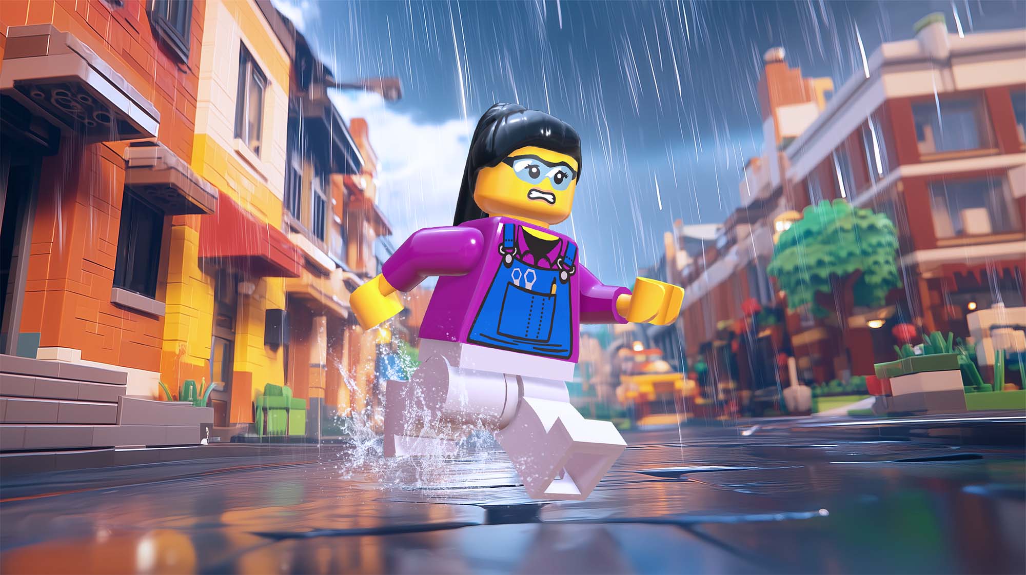 LEGO character running through a city street